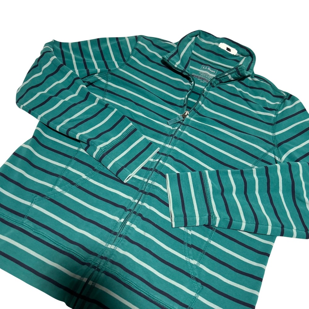 L.L.Bean Full Zip Sweatshirt Women Large Green Blue Striped Mock Neck 501609